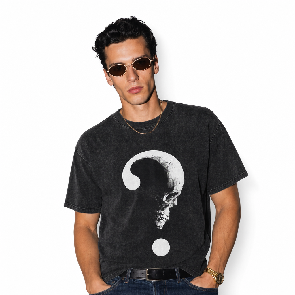 LAWLESSROW Question Mark Skull Profile Vintage Acid Wash Tee