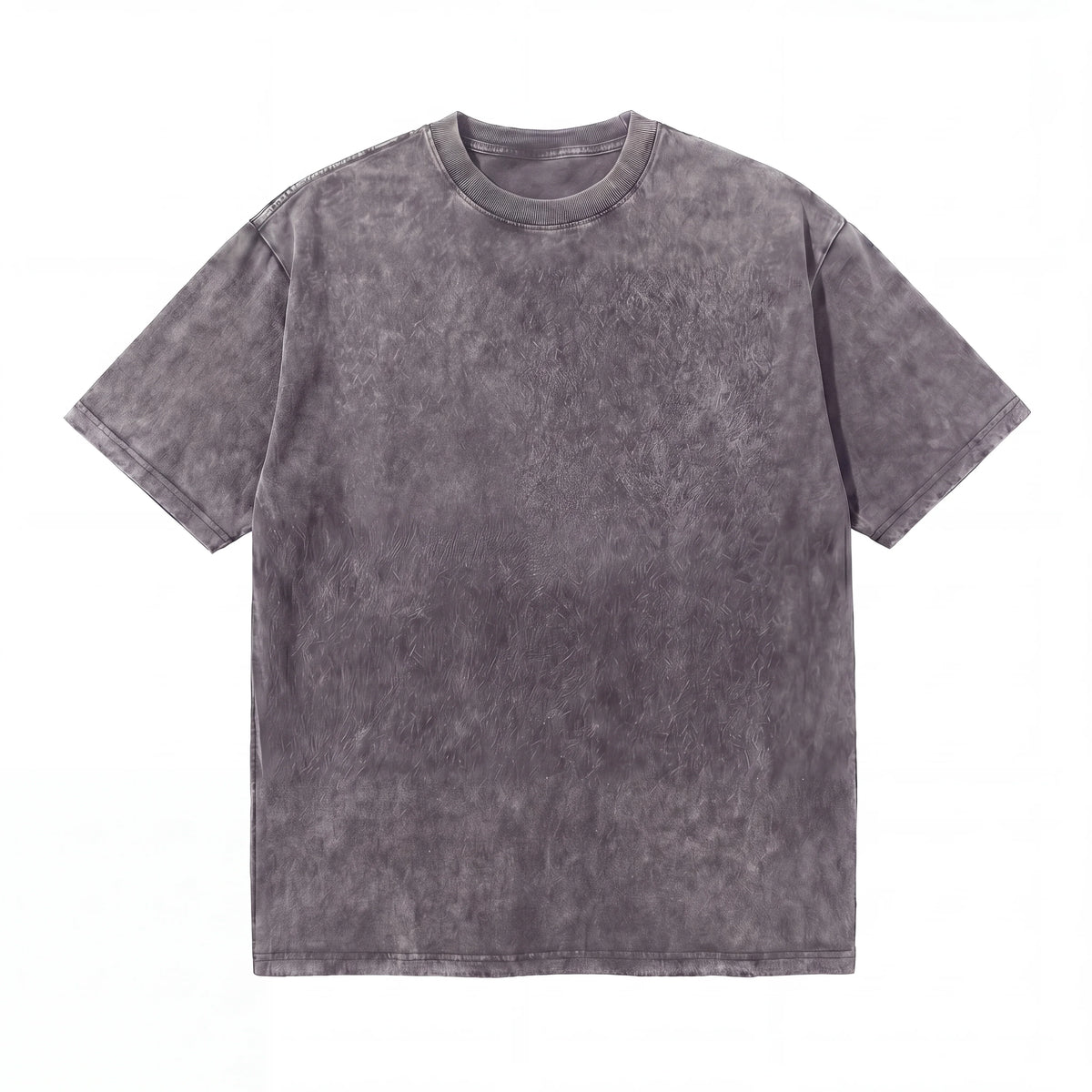 Washed grey short-sleeve cotton t-shirt with a subtle textured pattern, laid flat.