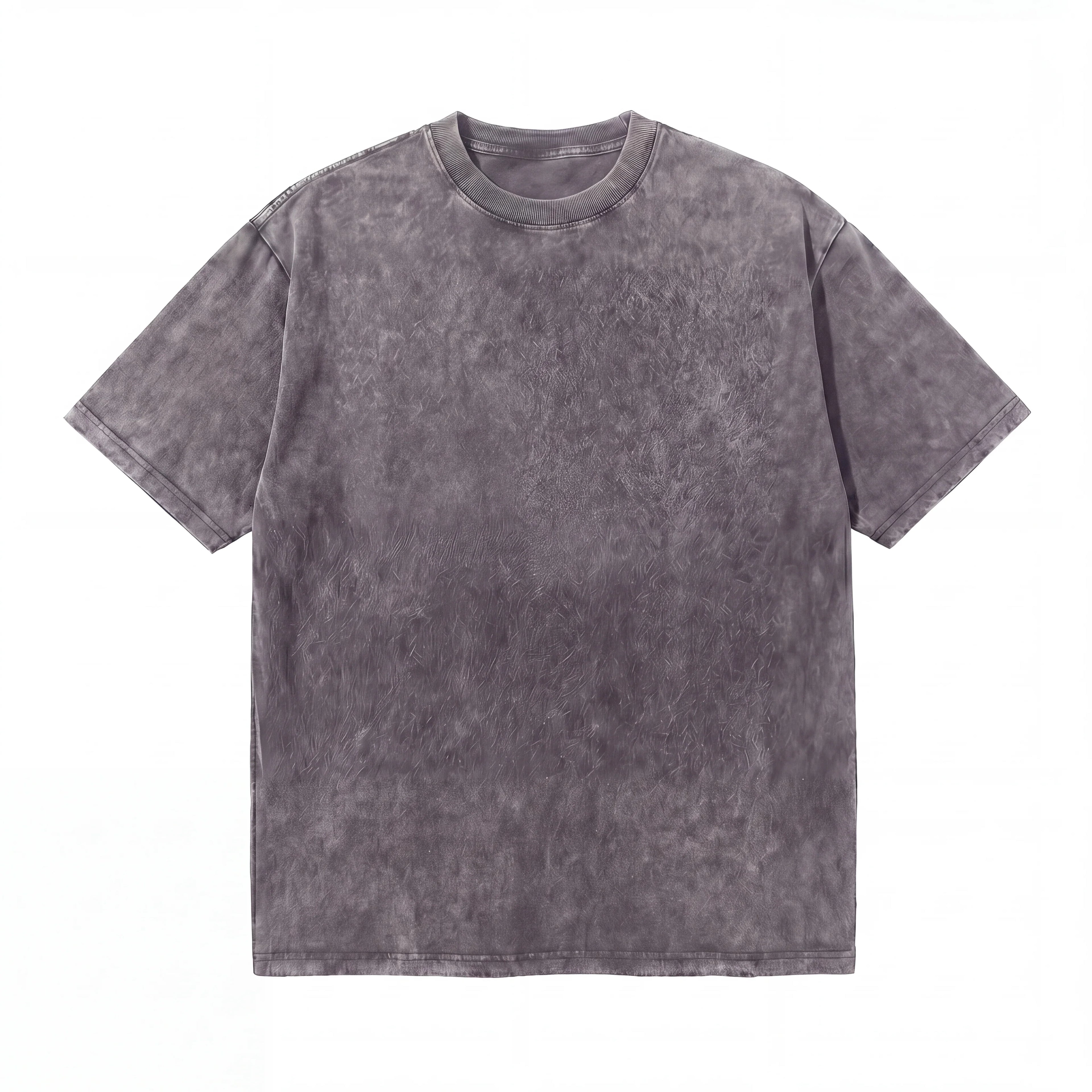 Washed grey short-sleeve cotton t-shirt with a subtle textured pattern, laid flat.