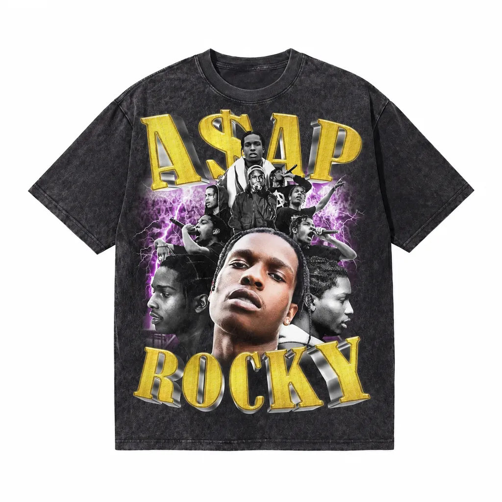 LAWLESSROW ASAP ROCKY Gold Voltage Black Vintage Acid Wash Tee