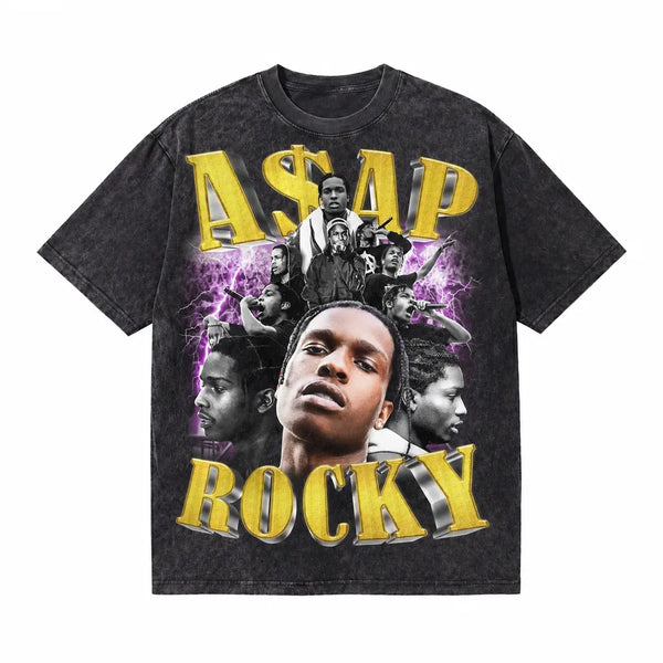 LAWLESSROW ASAP ROCKY Gold Voltage Black Vintage Acid Wash Tee