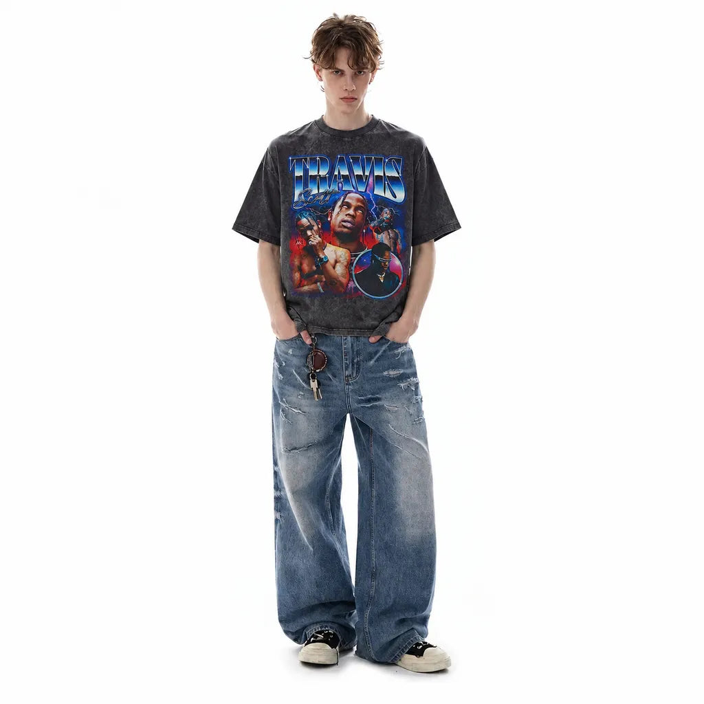 LAWLESSROW TRAVIS SCOTT Chrome Lightning Black Vintage Acid Wash Tee
