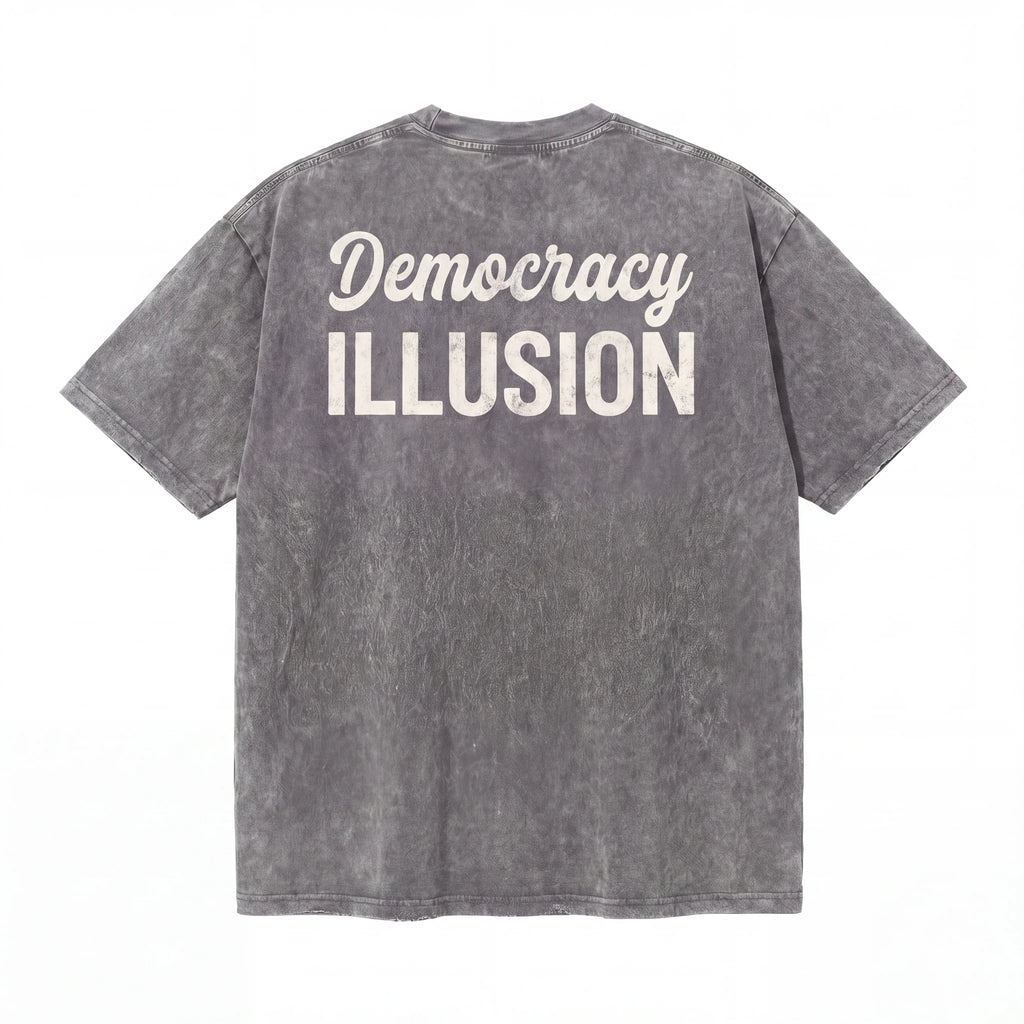 Washed black t-shirt with white 'Democracy ILLUSION' text on the back