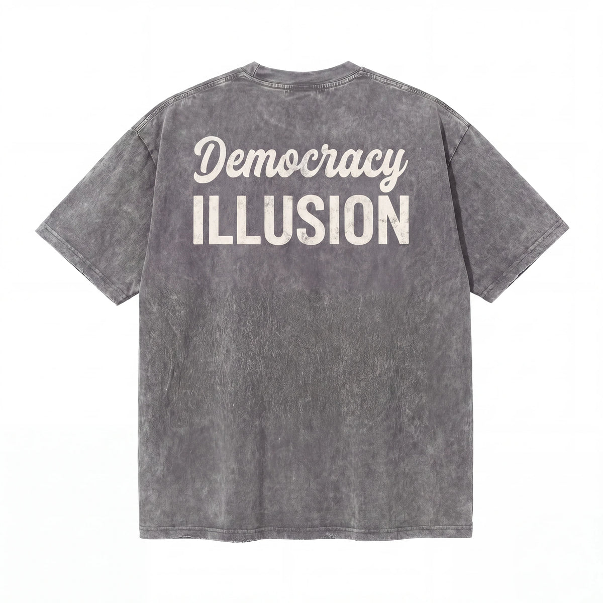 Washed black t-shirt with white 'Democracy ILLUSION' text on the back
