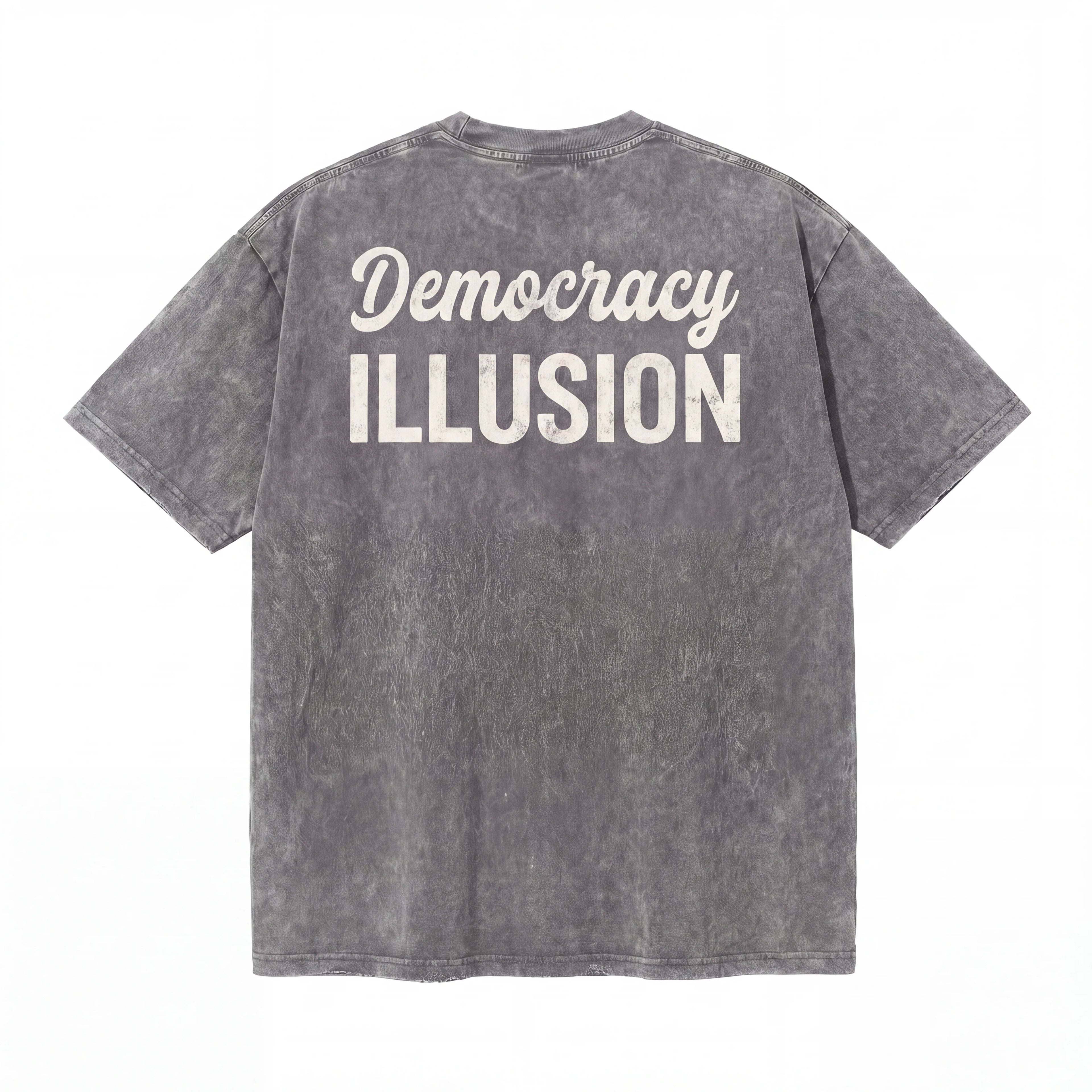 Washed black t-shirt with white 'Democracy ILLUSION' text on the back