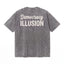 Washed black t-shirt with white 'Democracy ILLUSION' text on the back