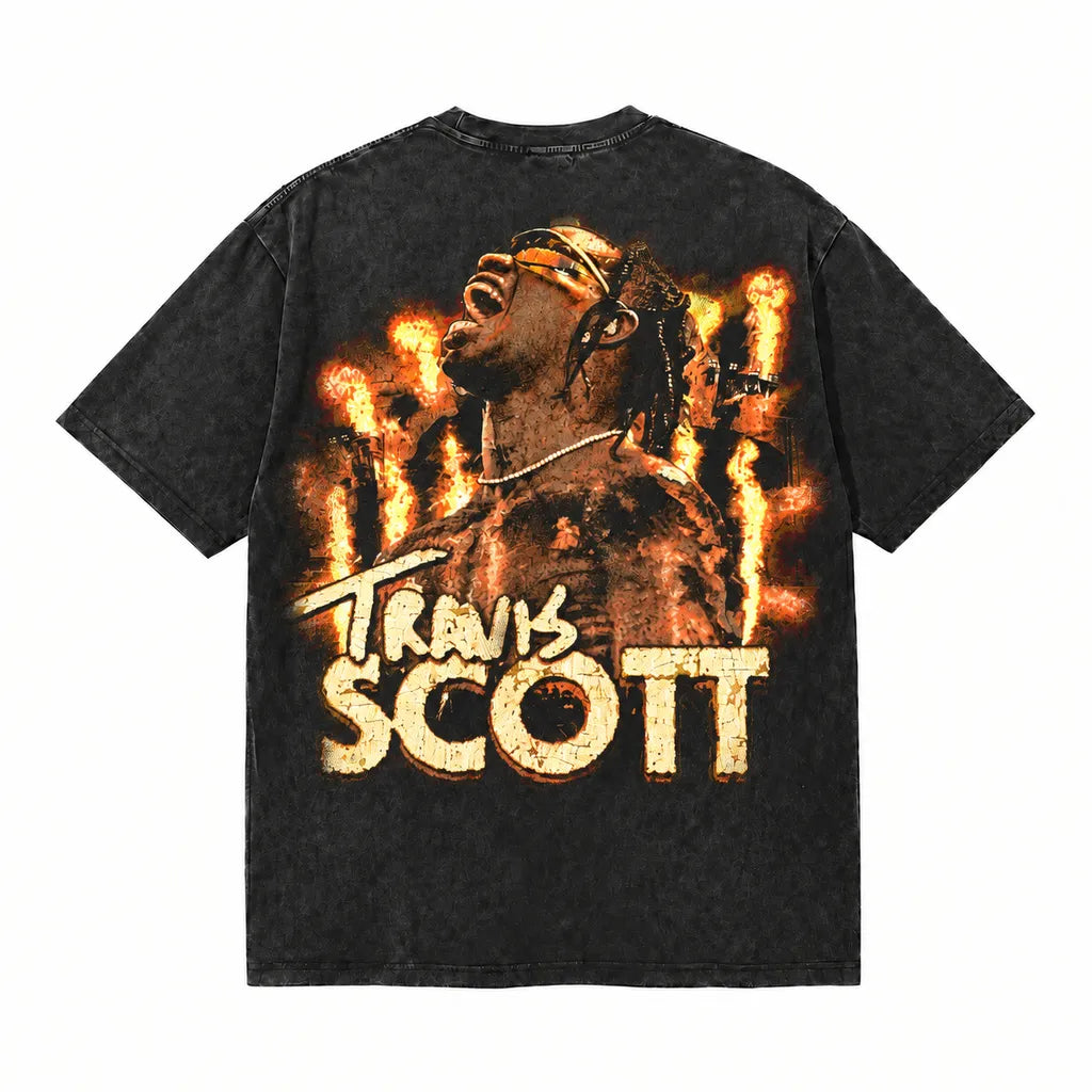 LAWLESSROW TRAVIS SCOTT Inferno Scream Black Vintage Acid Wash Tee