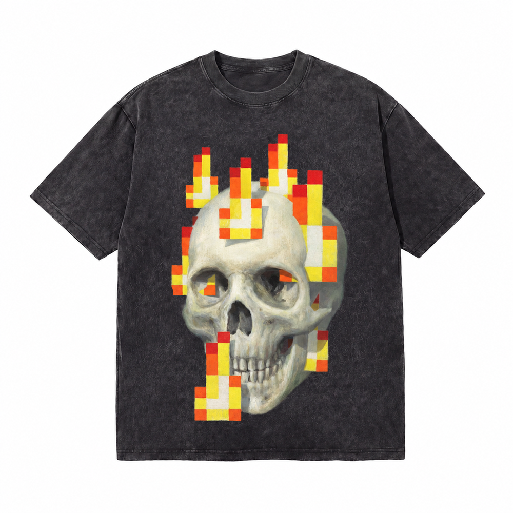 LAWLESSROW Pixel Flame Skull Vintage Acid Wash Tee