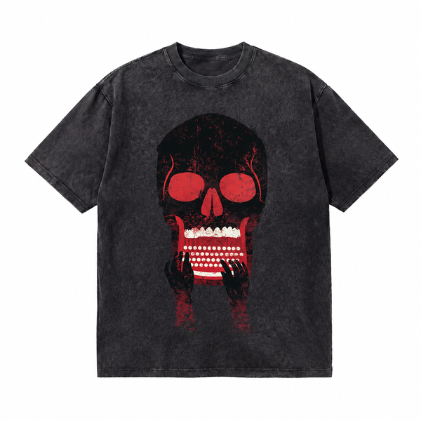 LAWLESSROW Typewriter Skull Hands Vintage Acid Wash Tee