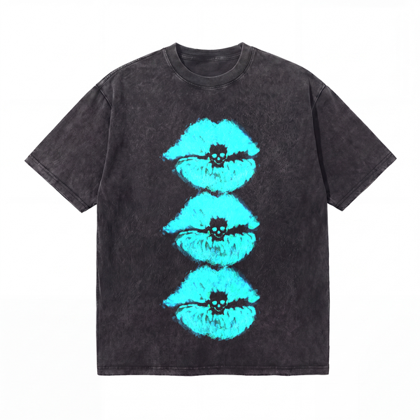 LAWLESSROW Stacked Cyan Lips Skull Vintage Acid Wash Tee