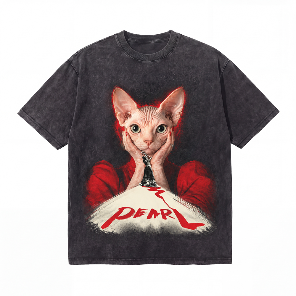 LAWLESSROW Pearl Sphynx Cat Vintage Acid Wash Tee