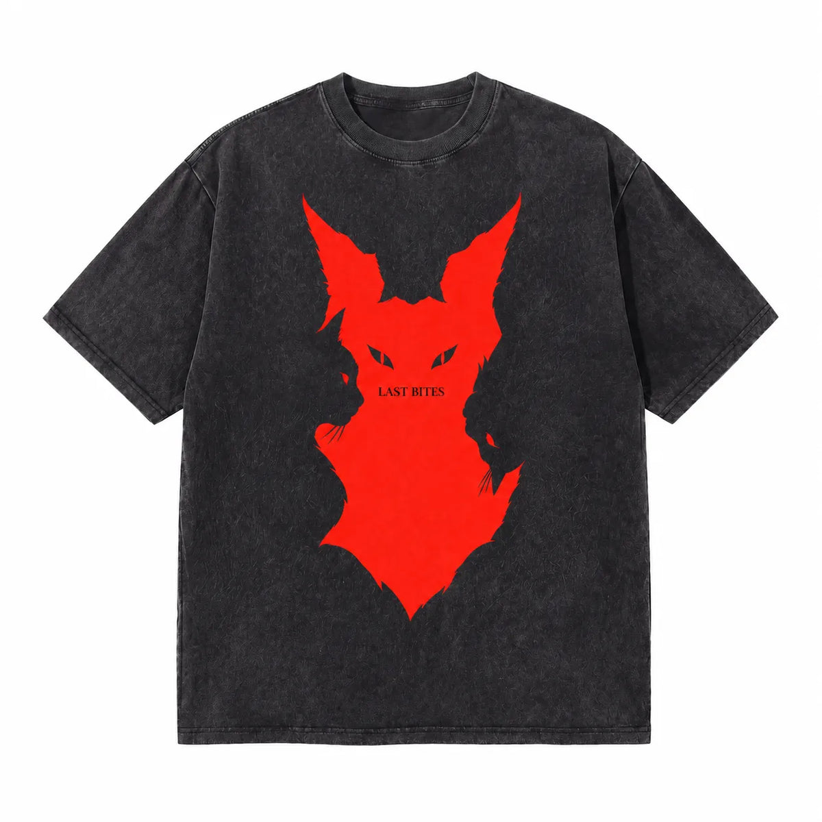 LAWLESSROW Red Demon Cat Silhouette "LAST BITES" Vintage Acid Wash Tee