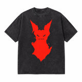 LAWLESSROW Red Demon Cat Silhouette "LAST BITES" Vintage Acid Wash Tee