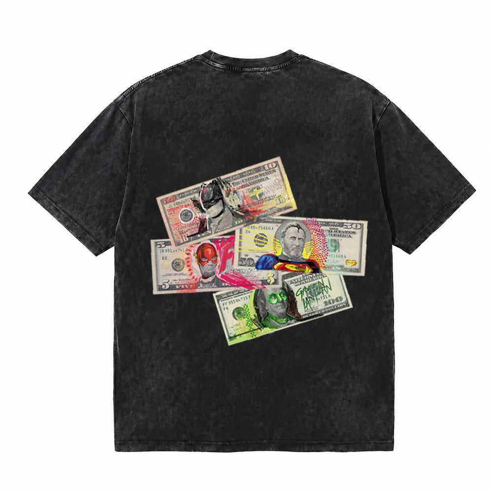 LAWLESSROW Superhero Dollar Bills Graffiti Vintage Acid Wash Tee