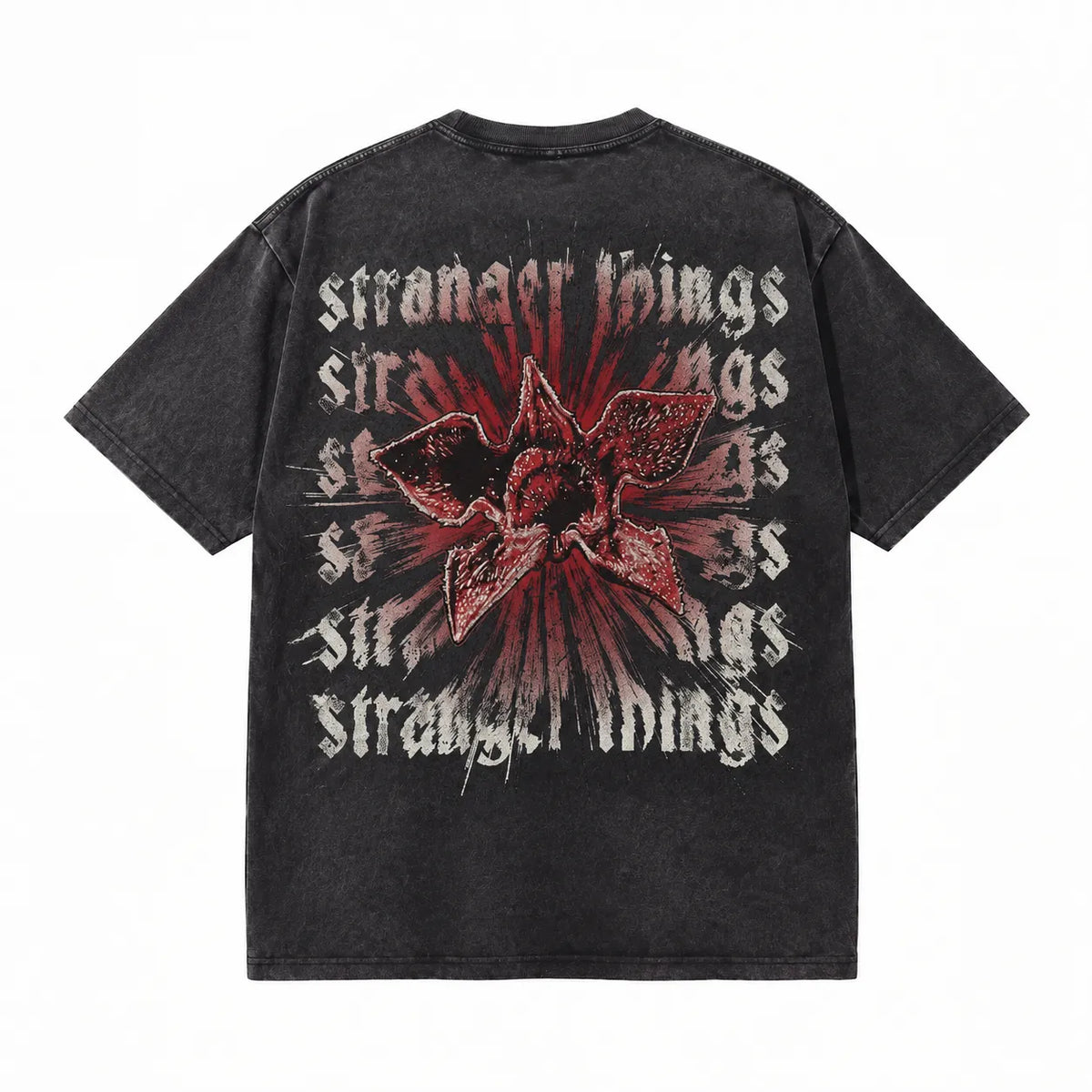 LAWLESSROW Stranger Things Demogorgon Gothic Text Vintage Acid Wash Tee