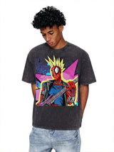 LAWLESSROW Punk Rock Spider-Man Vintage Acid Wash Tee
