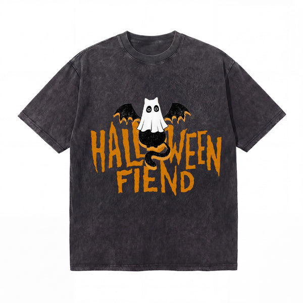 LAWLESSROW Halloween Fiend Ghost Cat Vintage Acid Wash Tee