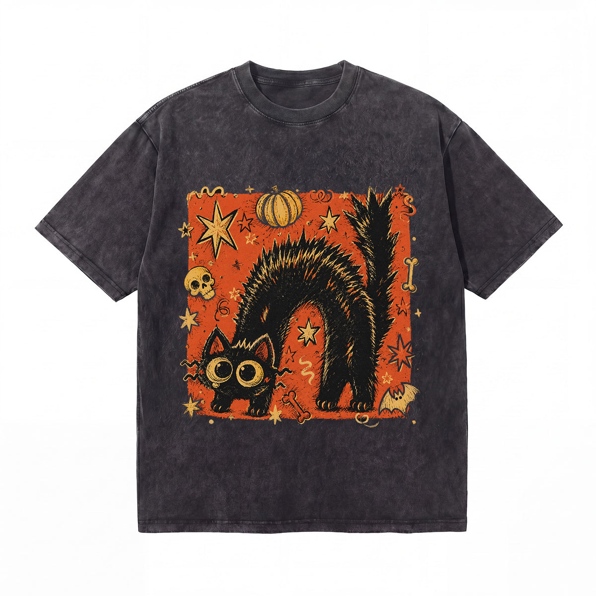 LAWLESSROW Black Cat Spooky Patch Vintage Acid Wash Tee