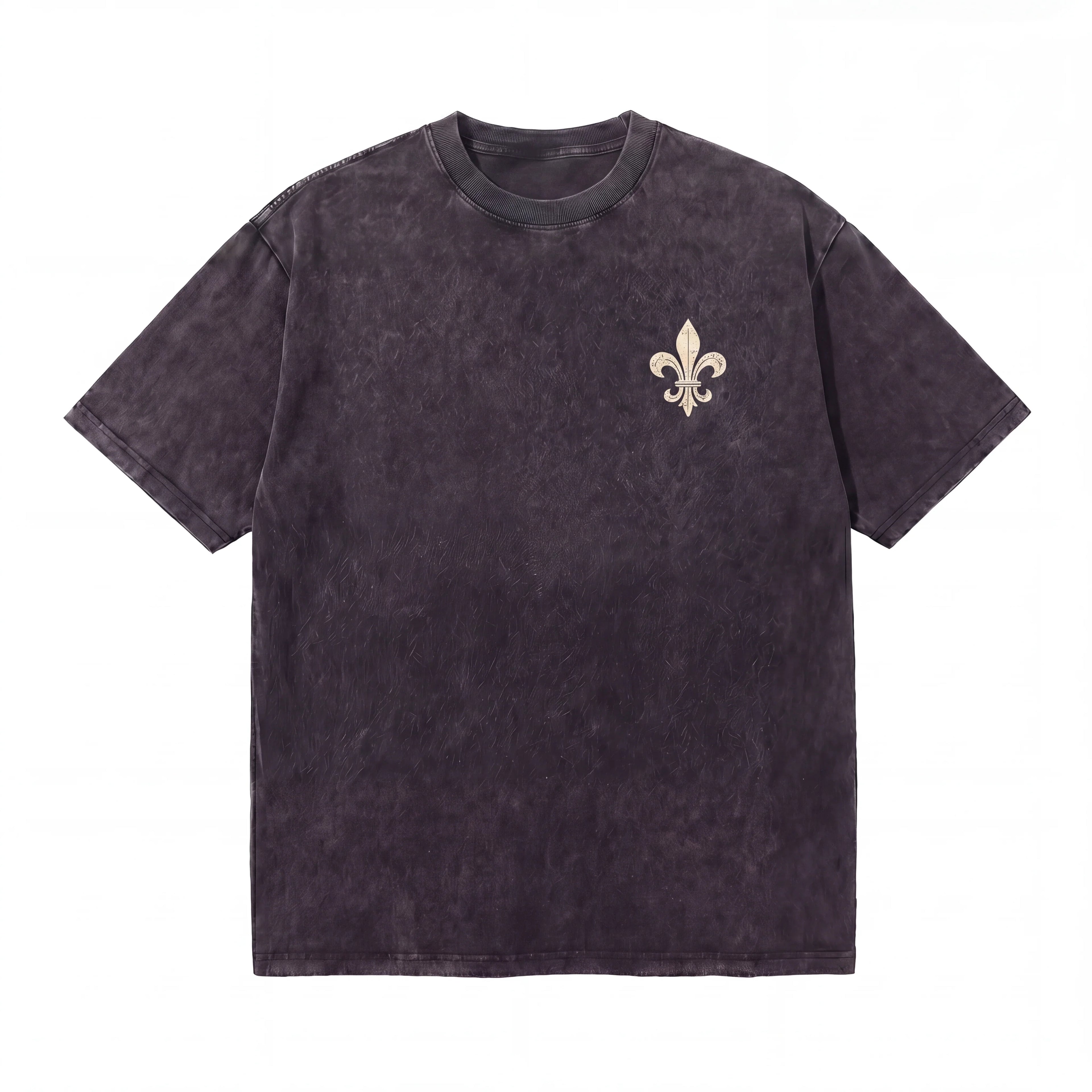 Black acid wash t-shirt with fleur-de-lis emblem on chest, casual streetwear style