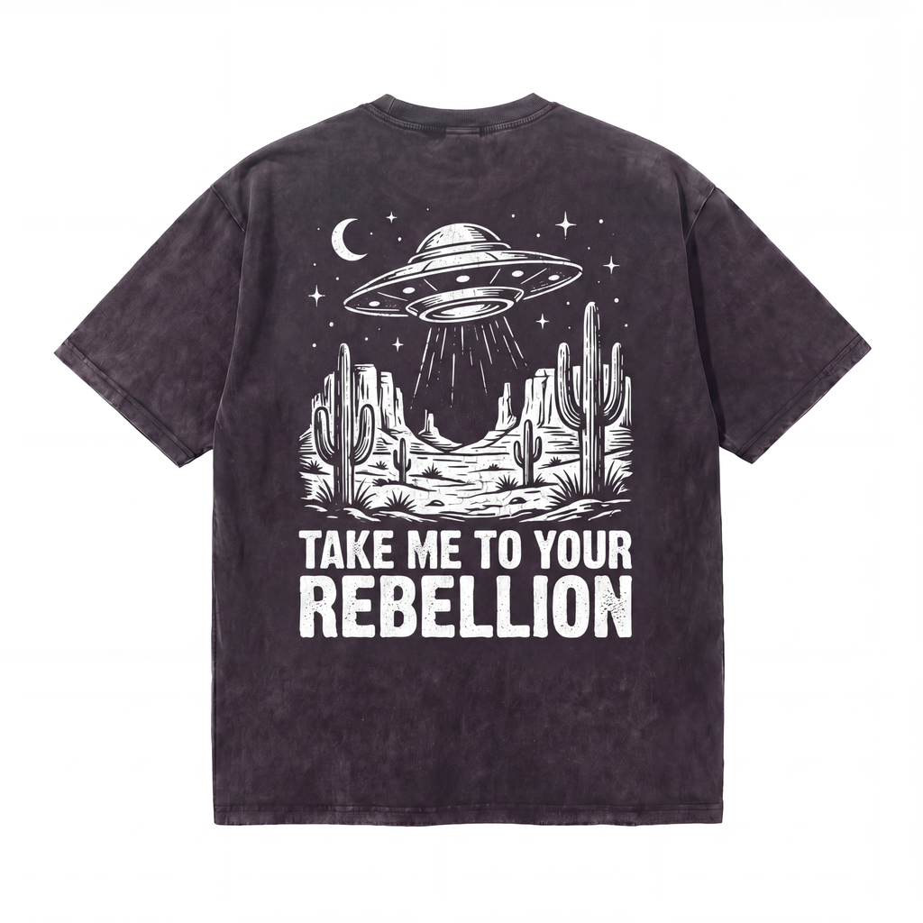 Black t-shirt with UFO desert graphic and 'Take Me To Your Rebellion' text print.