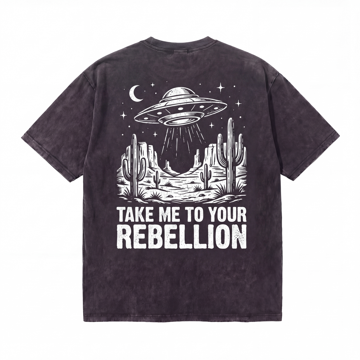 Black t-shirt with UFO desert graphic and 'Take Me To Your Rebellion' text print.