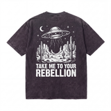 Black t-shirt with UFO desert graphic and 'Take Me To Your Rebellion' text print.