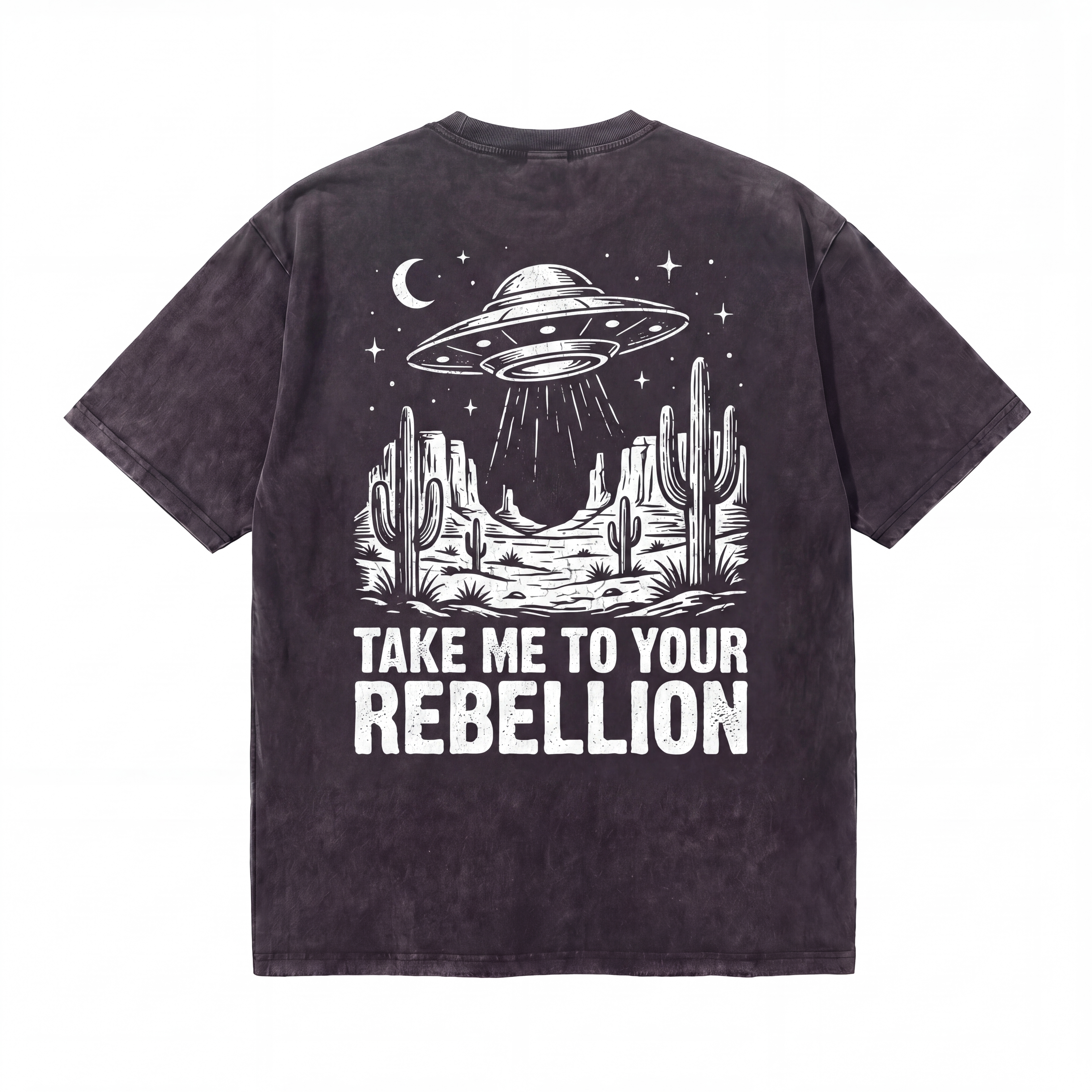 Black t-shirt with UFO desert graphic and 'Take Me To Your Rebellion' text print.