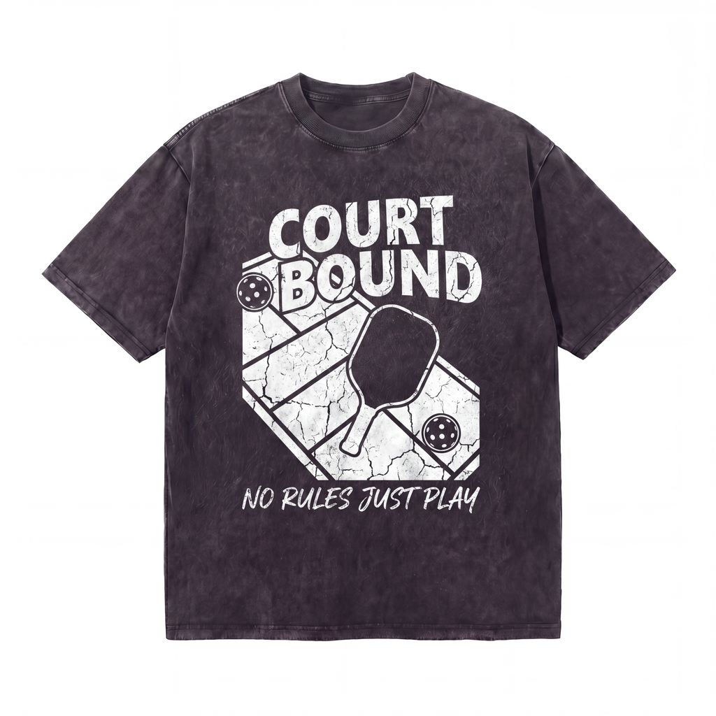 Black graphic t-shirt with 'Court Bound' text, pickleball paddle, and court design.