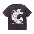 Black graphic t-shirt with 'Court Bound' text, pickleball paddle, and court design.