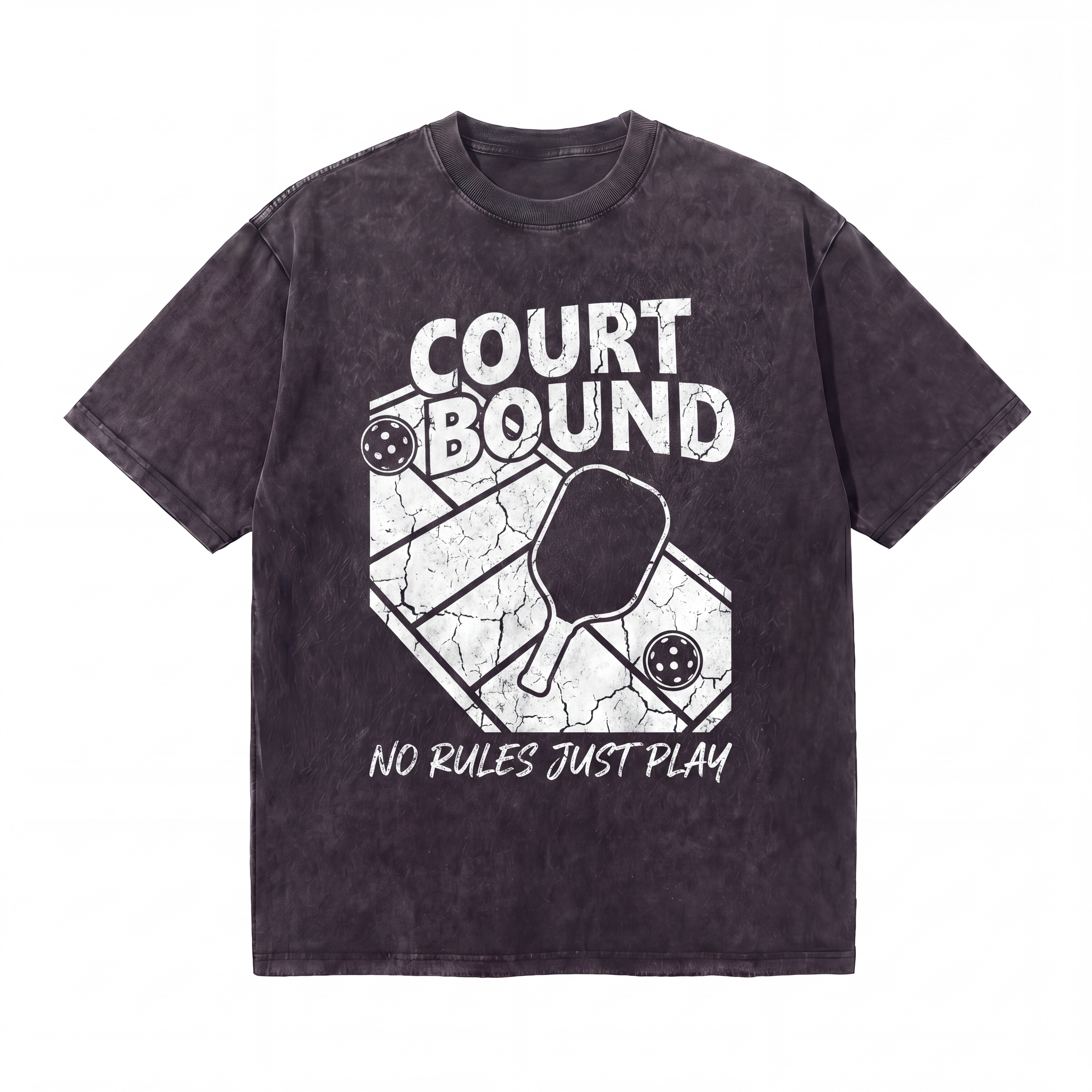 Black graphic t-shirt with 'Court Bound' text, pickleball paddle, and court design.