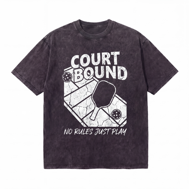 Black graphic t-shirt with 'Court Bound' text, pickleball paddle, and court design. Hover Image