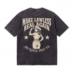 Vintage black t-shirt with cowgirl graphic, bold 'Make Lawless Real Again' text on back