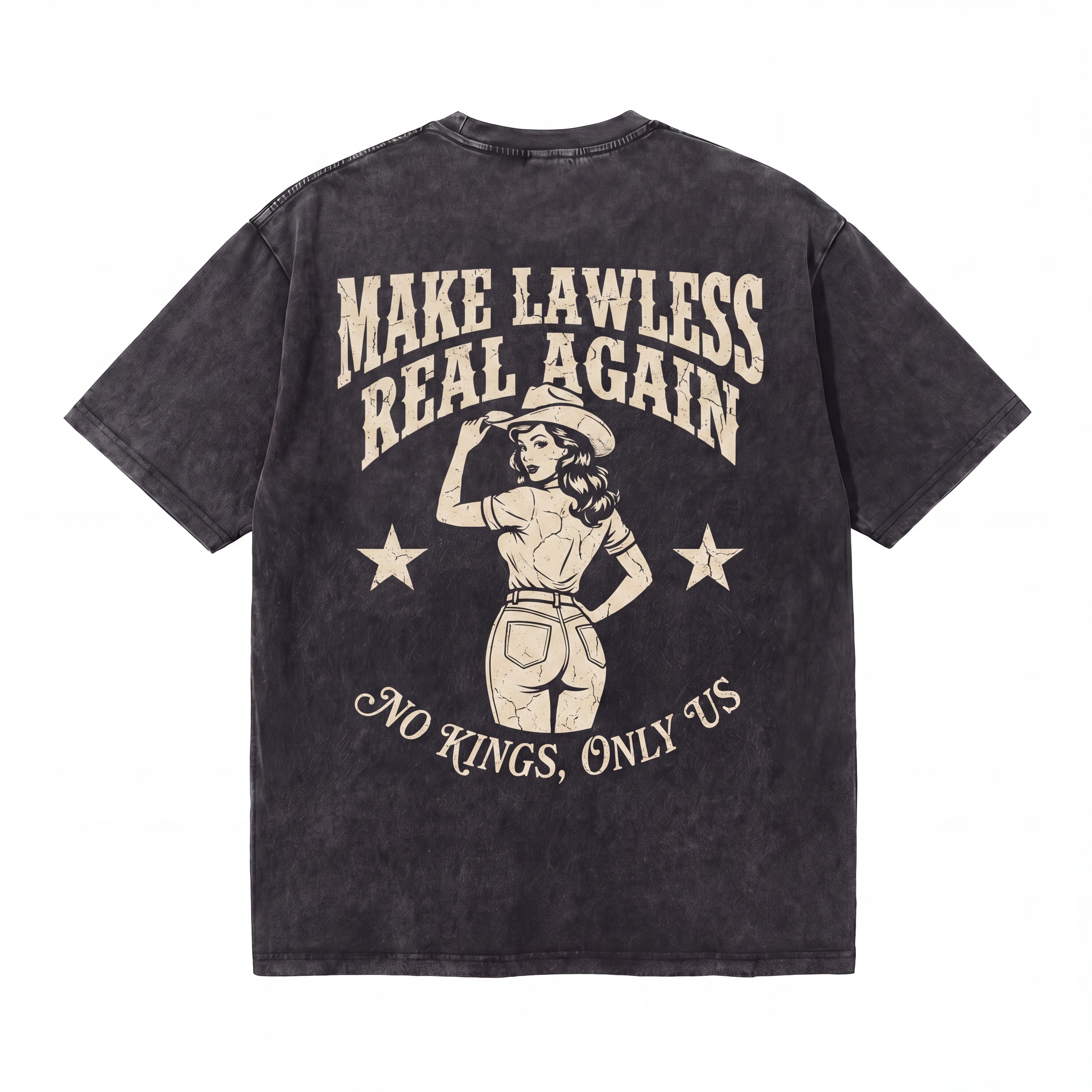 Vintage black t-shirt with cowgirl graphic, bold 'Make Lawless Real Again' text on back