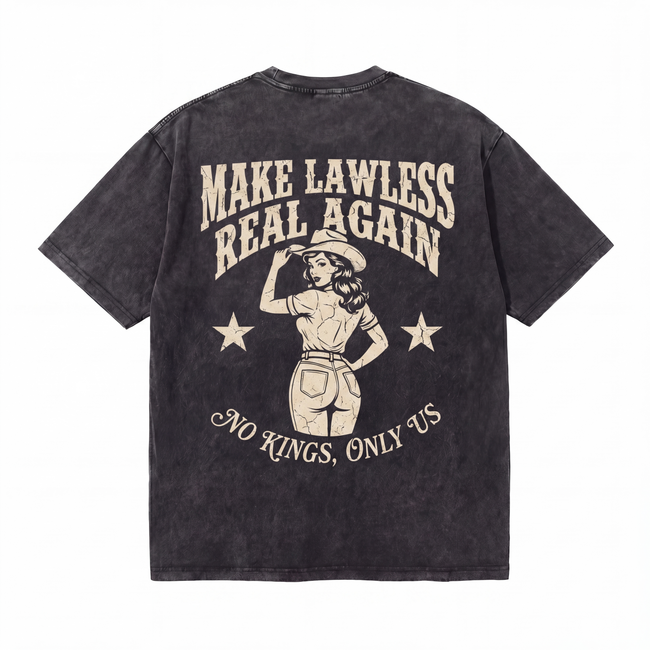 Vintage black t-shirt with cowgirl graphic, bold 'Make Lawless Real Again' text on back Hover Image