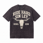 Lawless Row Ride Hard Sin Ley Tee | Western Skull Washed Cotton Streetwear