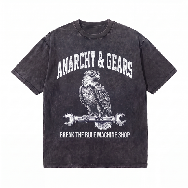 Lawless Row Anarchy & Gears Tee | Eagle Mechanic Washed Cotton Streetwear Hover Image