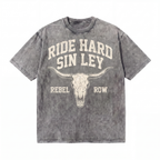 Lawless Row Ride Hard Sin Ley Tee | Western Skull Washed Cotton Streetwear
