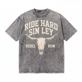 Lawless Row Ride Hard Sin Ley Tee | Western Skull Washed Cotton Streetwear