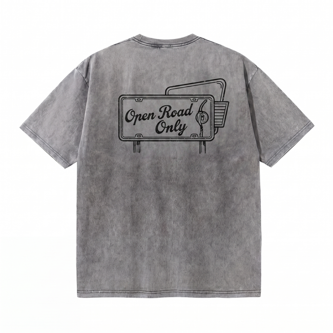 Lawless Row "Open Road Only" Oversized Tee | Washed Grey Biker Streetwear Hover Image