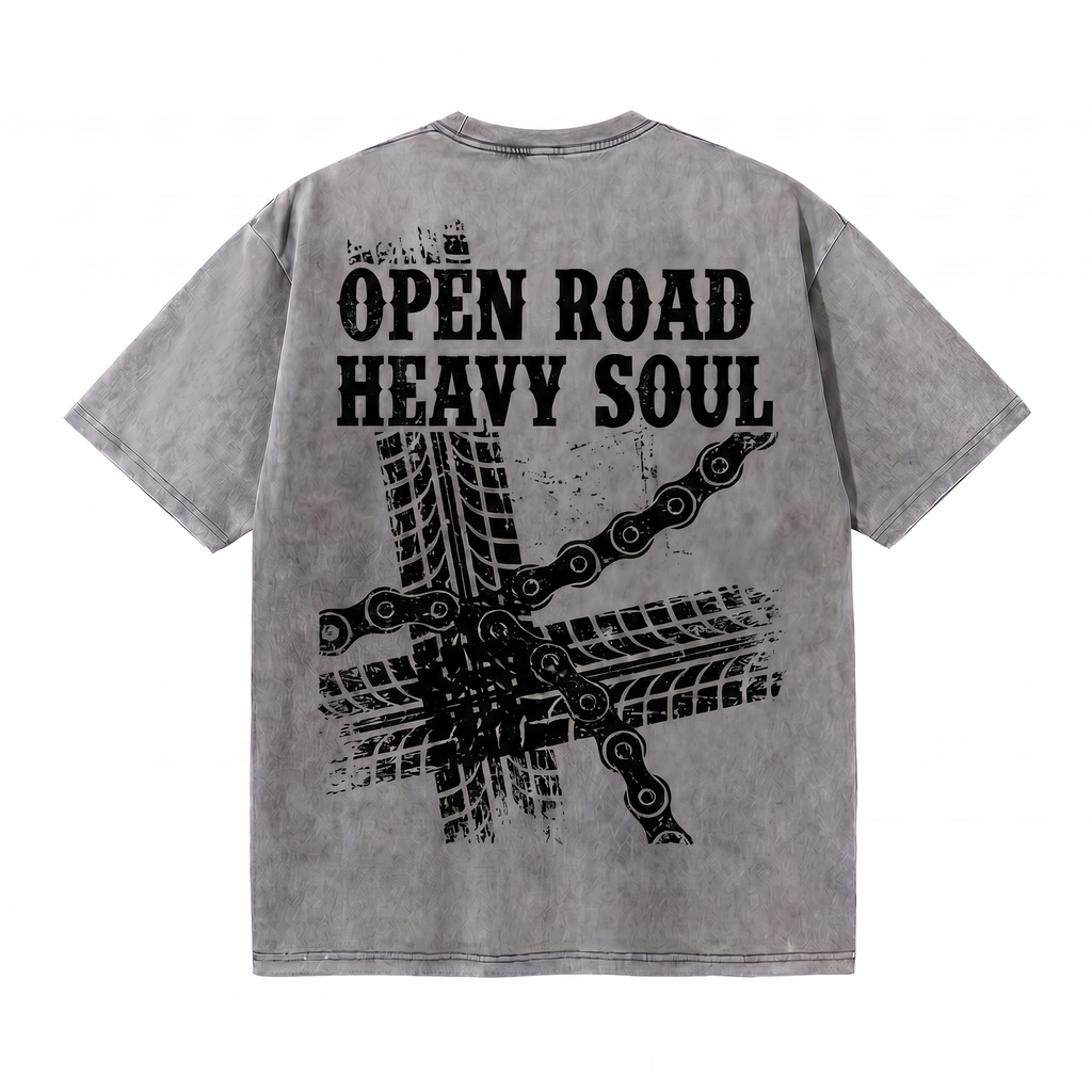 Lawless Row "Open Road Heavy Soul" Oversized Biker Tee | Washed Grey Streetwear