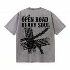 Lawless Row "Open Road Heavy Soul" Oversized Biker Tee | Washed Grey Streetwear