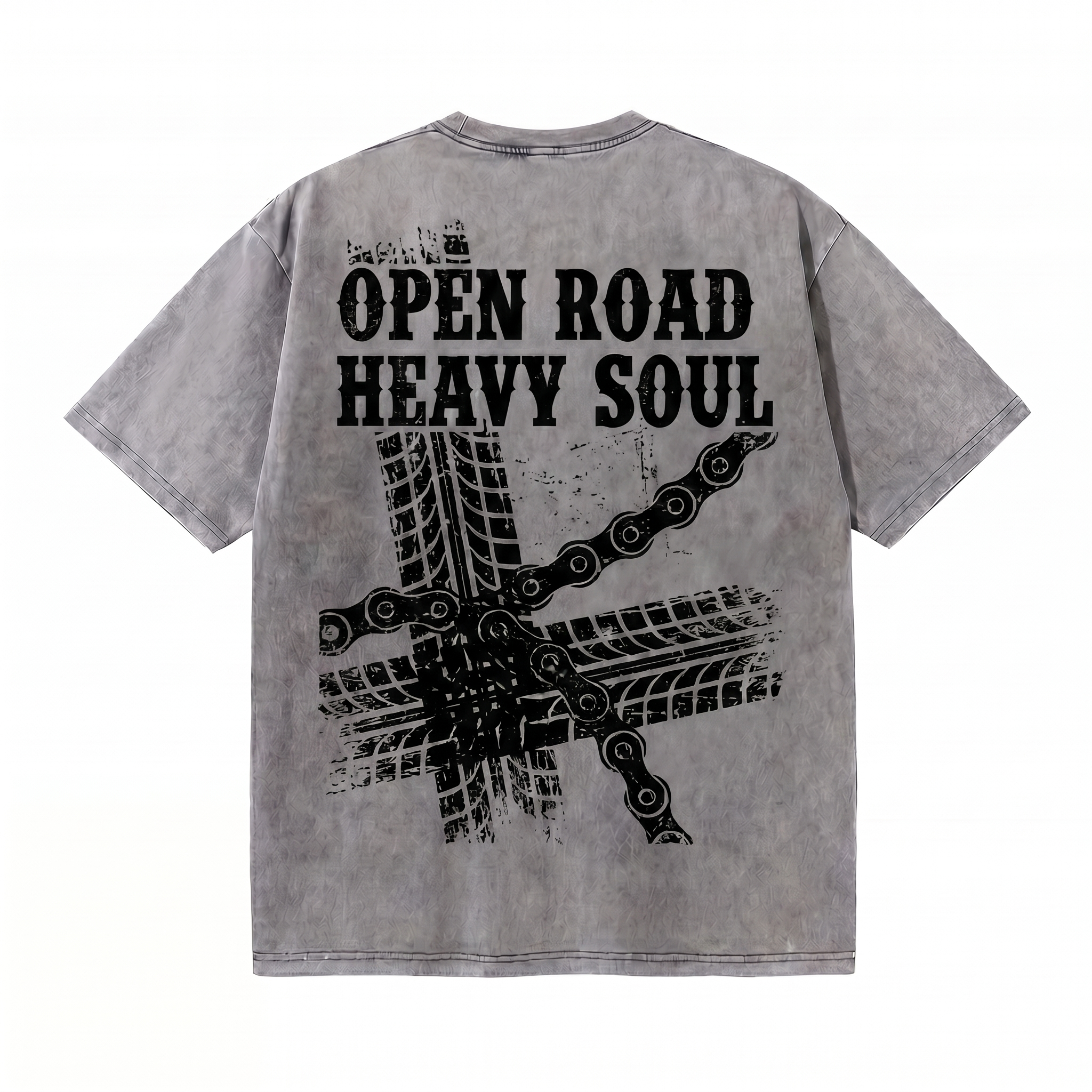Lawless Row "Open Road Heavy Soul" Oversized Biker Tee | Washed Grey Streetwear