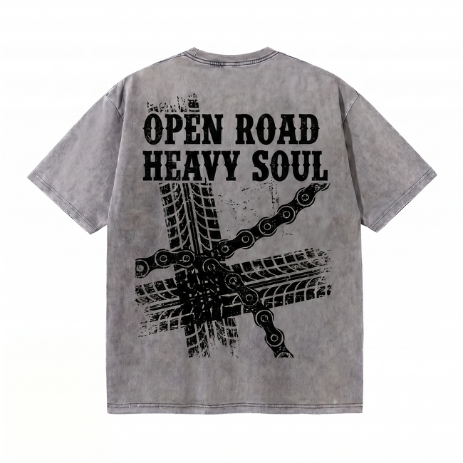 Lawless Row "Open Road Heavy Soul" Oversized Biker Tee | Washed Grey Streetwear Hover Image