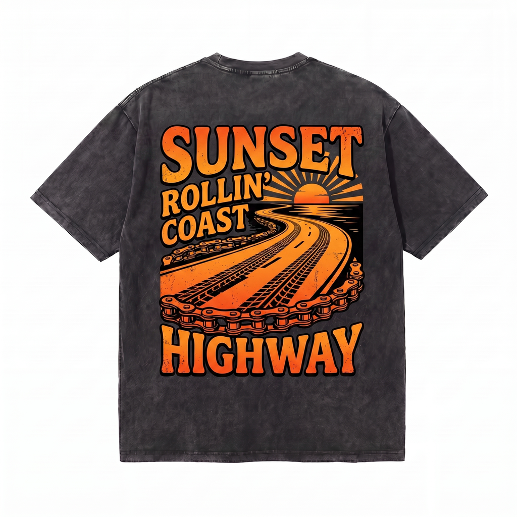 Lawless Row "Sunset Rollin' Coast Highway" Oversized Tee | Washed Black Streetwear