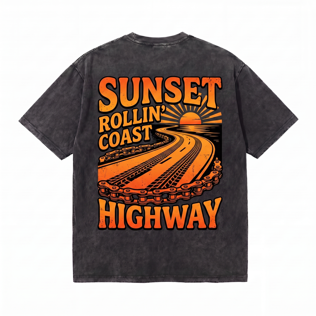 Lawless Row "Sunset Rollin' Coast Highway" Oversized Tee | Washed Black Streetwear Hover Image