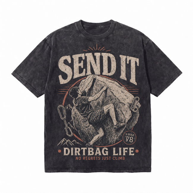 Lawless Row "Send It Dirtbag Life" Oversized Climbing Tee | Washed Black Streetwear Hover Image