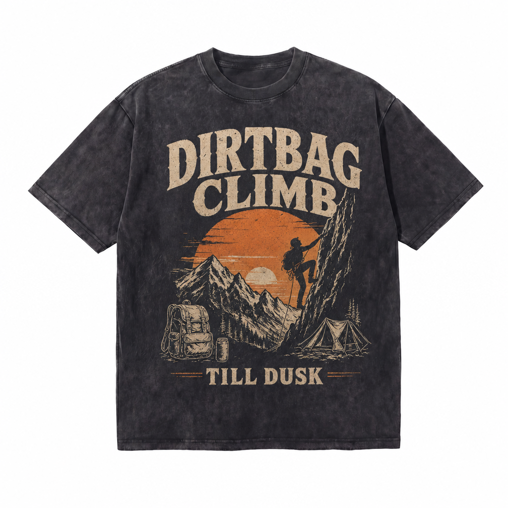 Lawless Row "Dirtbag Climb Till Dusk" Oversized Tee | Washed Black Climbing Streetwear