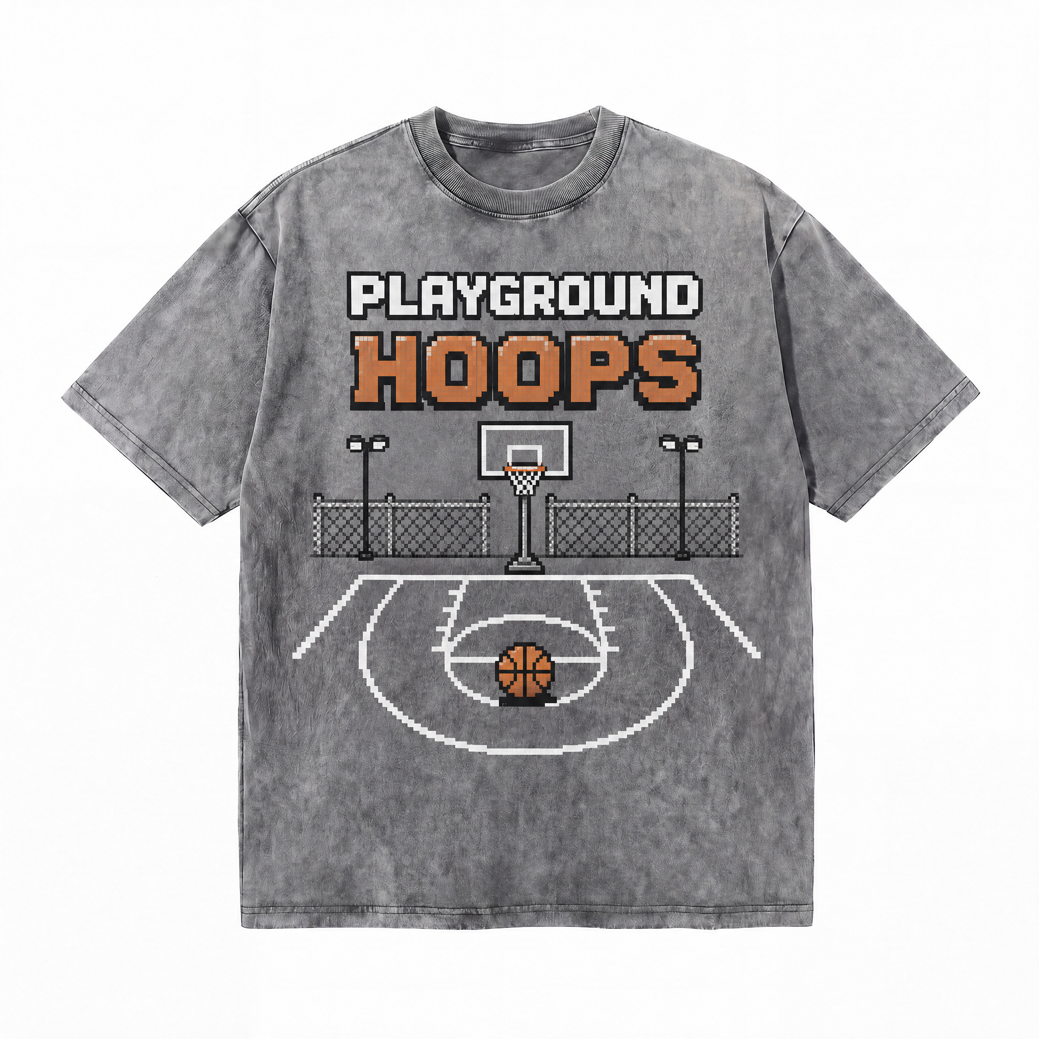 Lawless Row "Playground Hoops" Pixel Court Washed Grey Oversized Tee