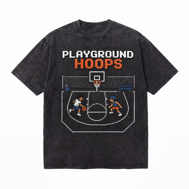Lawless Row "Playground Hoops" Pixel 1v1 Washed Black Oversized Tee Hover Image