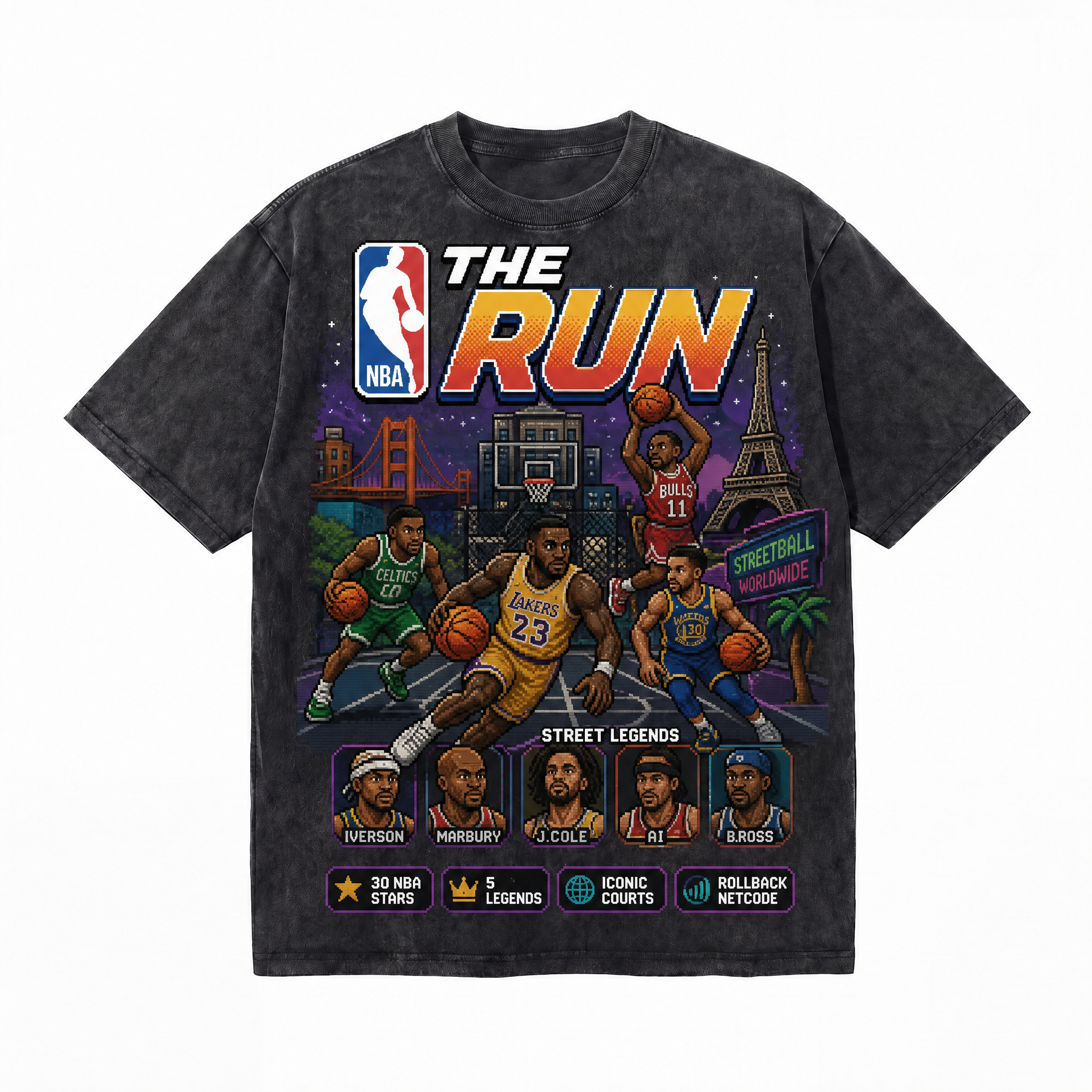 Lawless Row "The Run: Street Legends" NBA Pixel Washed Black Oversized Tee